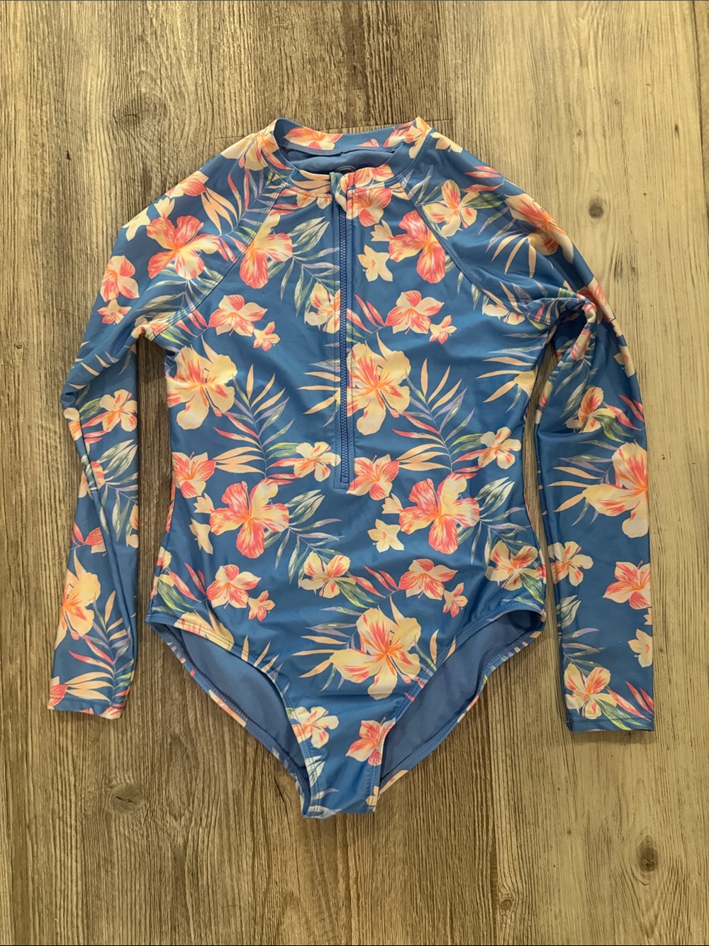 Girls' Long-Sleeve Floral One-Piece Rash Guard Swimsuit - Blue/Pink 14/16
